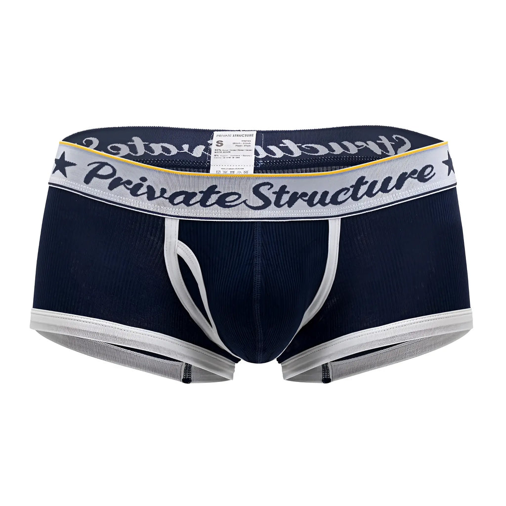 Navy blue and white striped men’s briefs with a private structure logo on the waistband mid waist trunks