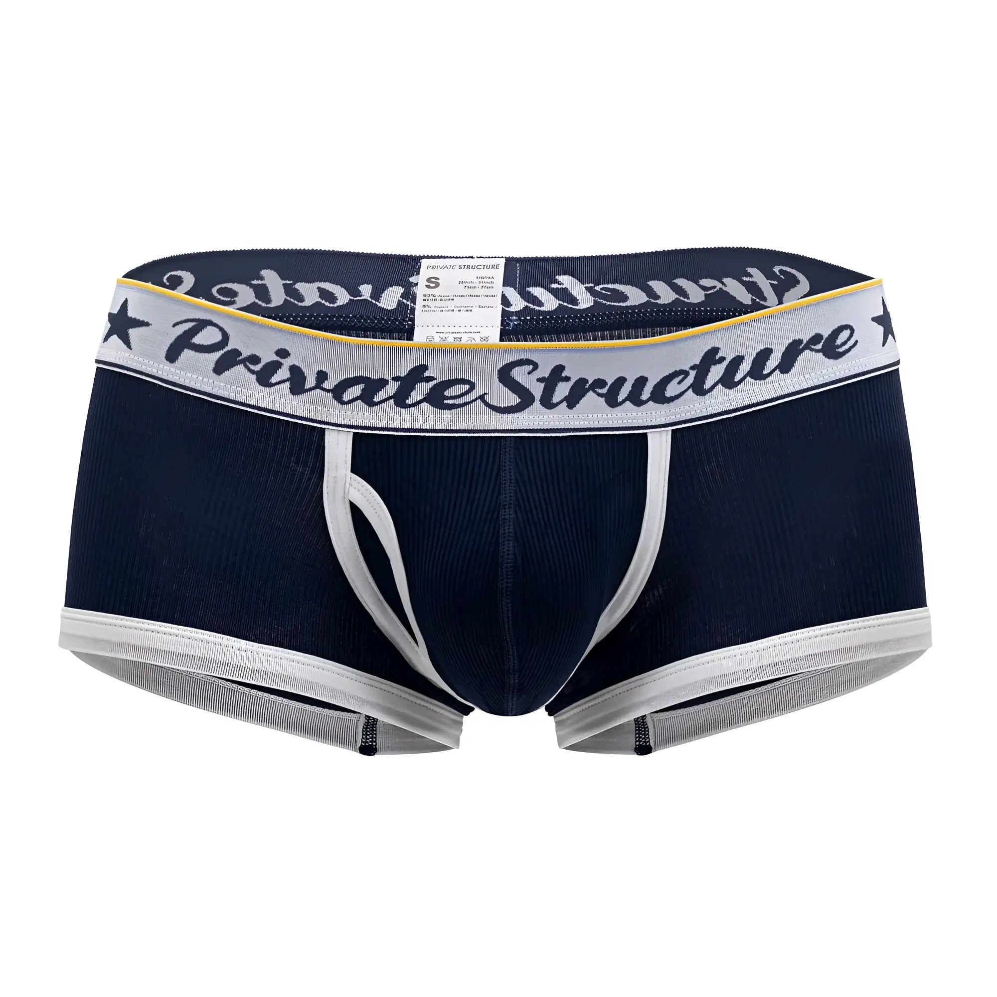 Navy blue and white striped men’s briefs with a private structure logo on the waistband mid waist trunks