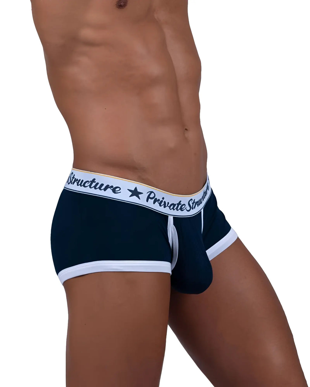 Navy blue and white men’s classic mid waist trunks briefs with private structure branded waistband scus4530 design