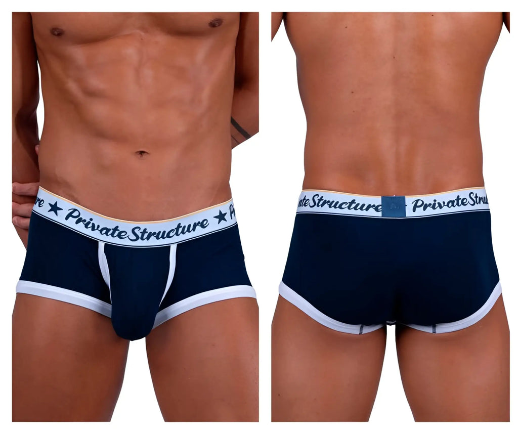 Navy blue and white Private Structure classic mid waist men’s briefs with branded waistband in cotton blend material