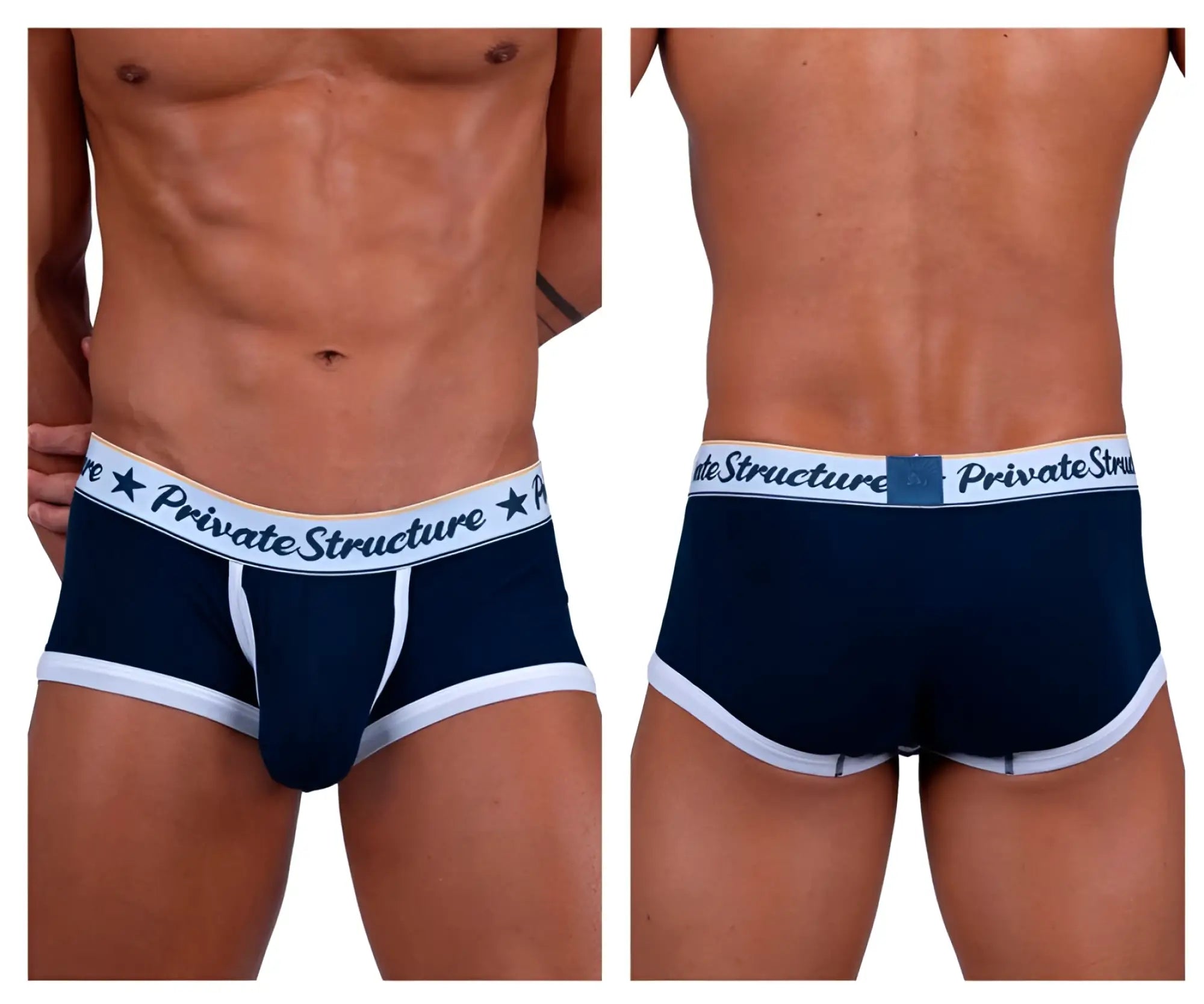 Navy blue and white Private Structure classic mid waist men’s briefs with branded waistband in cotton blend material