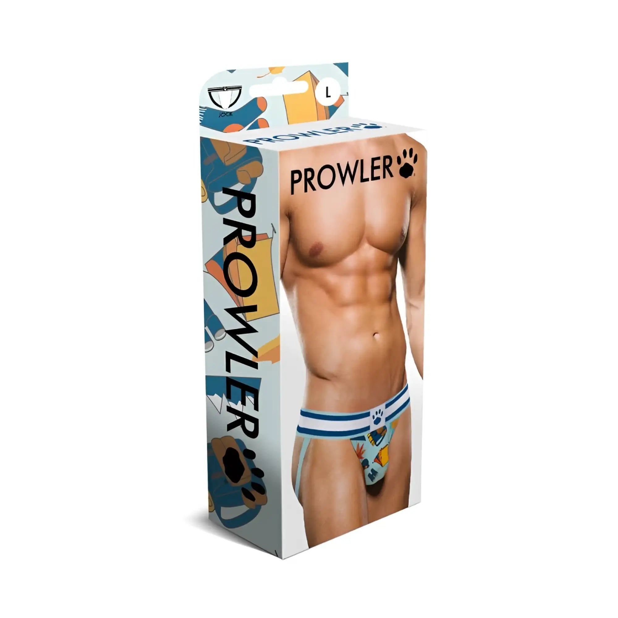 Prowler autumn jock men’s underwear in light blue with white stripes and playful paw print pattern