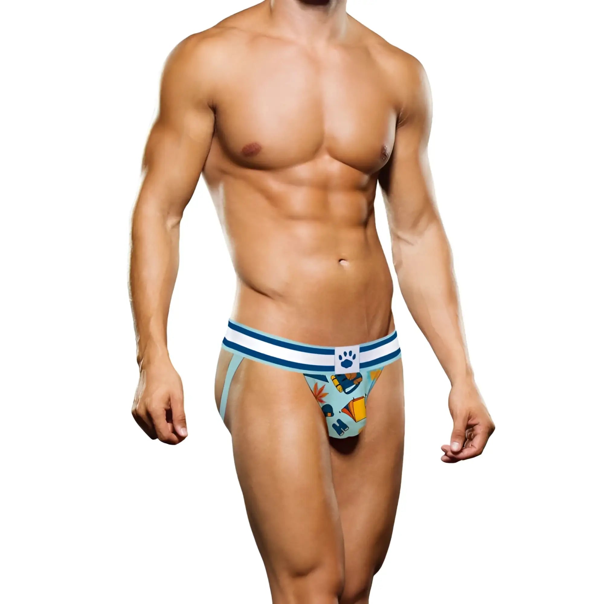 Blue and white striped jockstrap with playful cartoon banana orange and beach ball pattern by prowler autumn