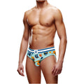 Light blue men’s Prowler Prowler autumn open back brief featuring playful outdoor pattern with orange navy accents and white waistband stripes