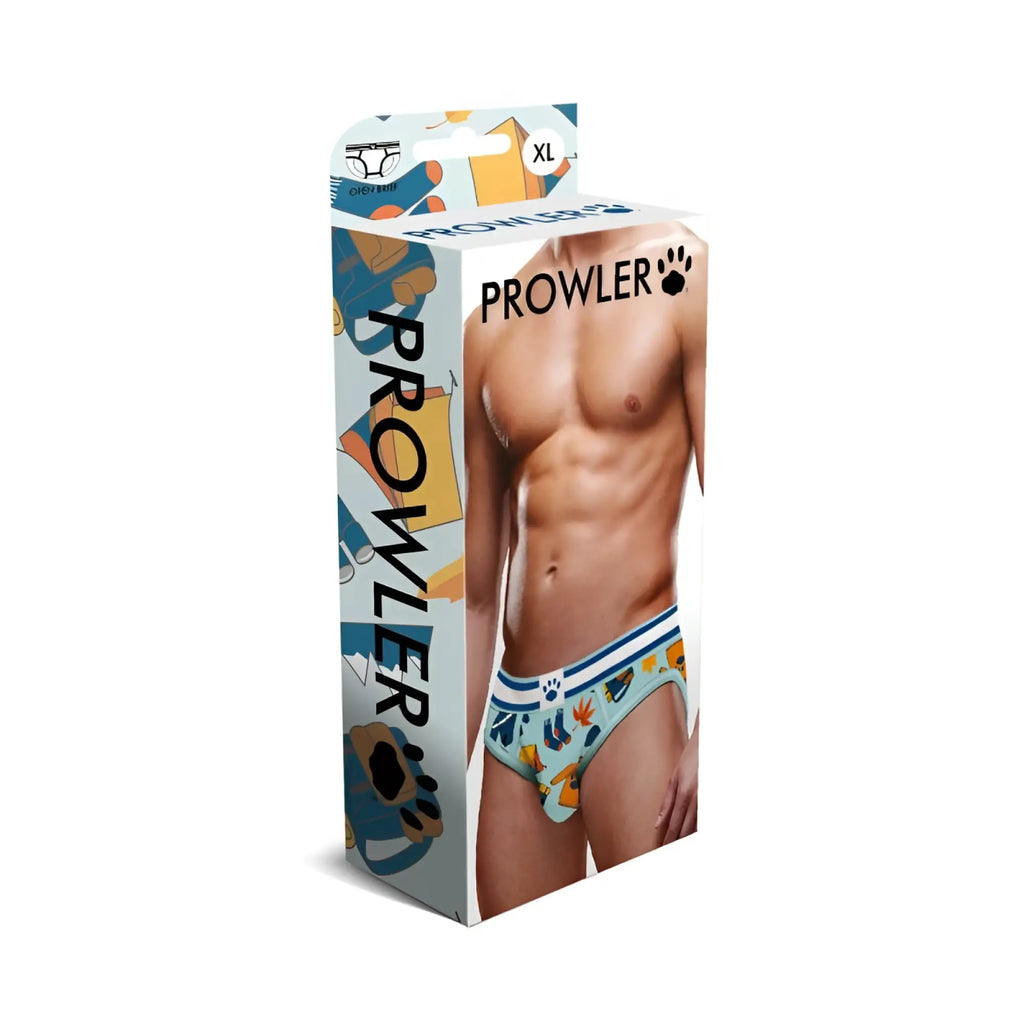 Prowler xl men’s light blue autumn open back brief underwear with playful paw print and cartoon animal pattern
