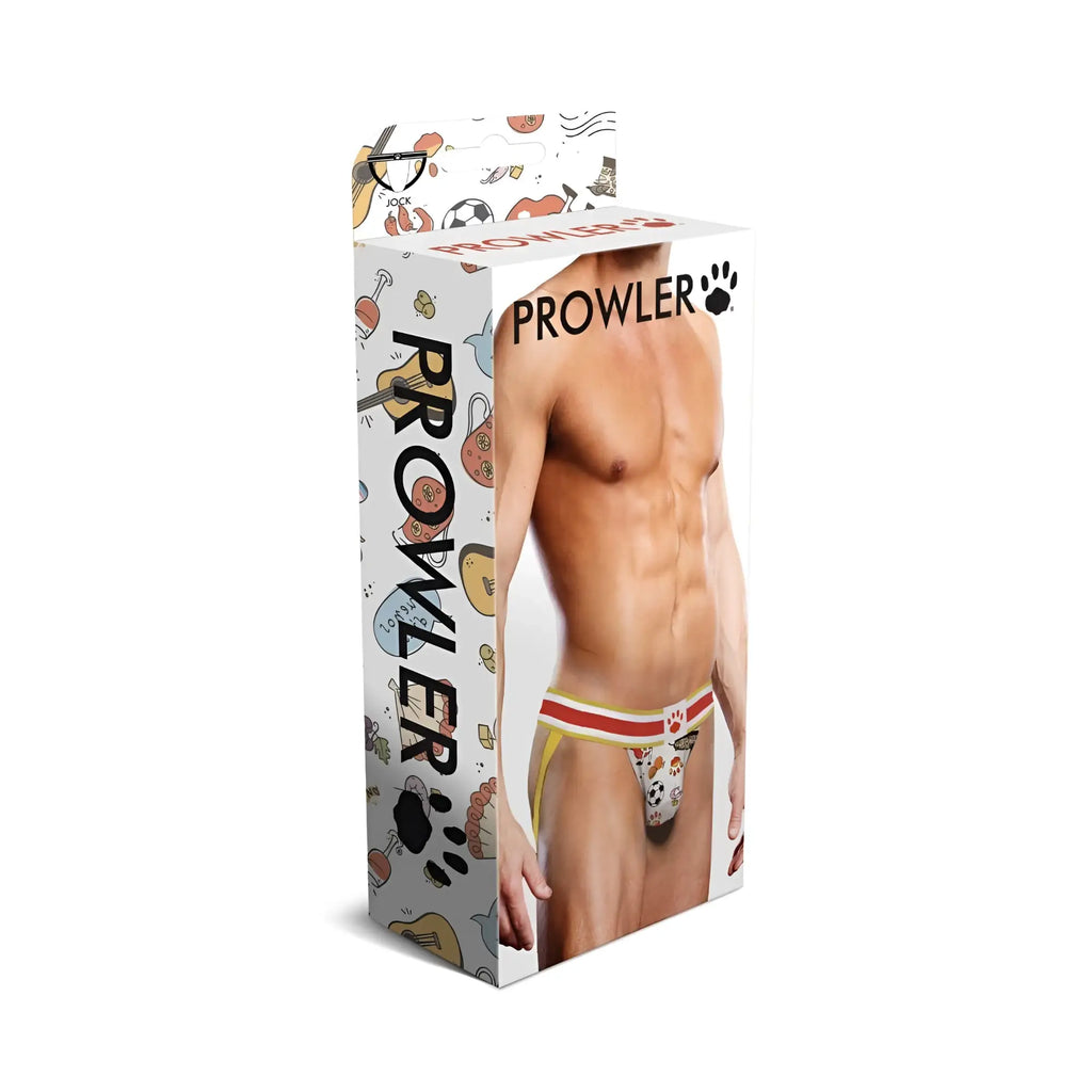 Prowler Prowler Barcelona jock men’s underwear with red and yellow striped waistband and cartoon dog paw prints on front