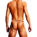 A man wearing a red white and yellow striped Prowler Prowler Barcelona jock XL with thin elastic straps back side view