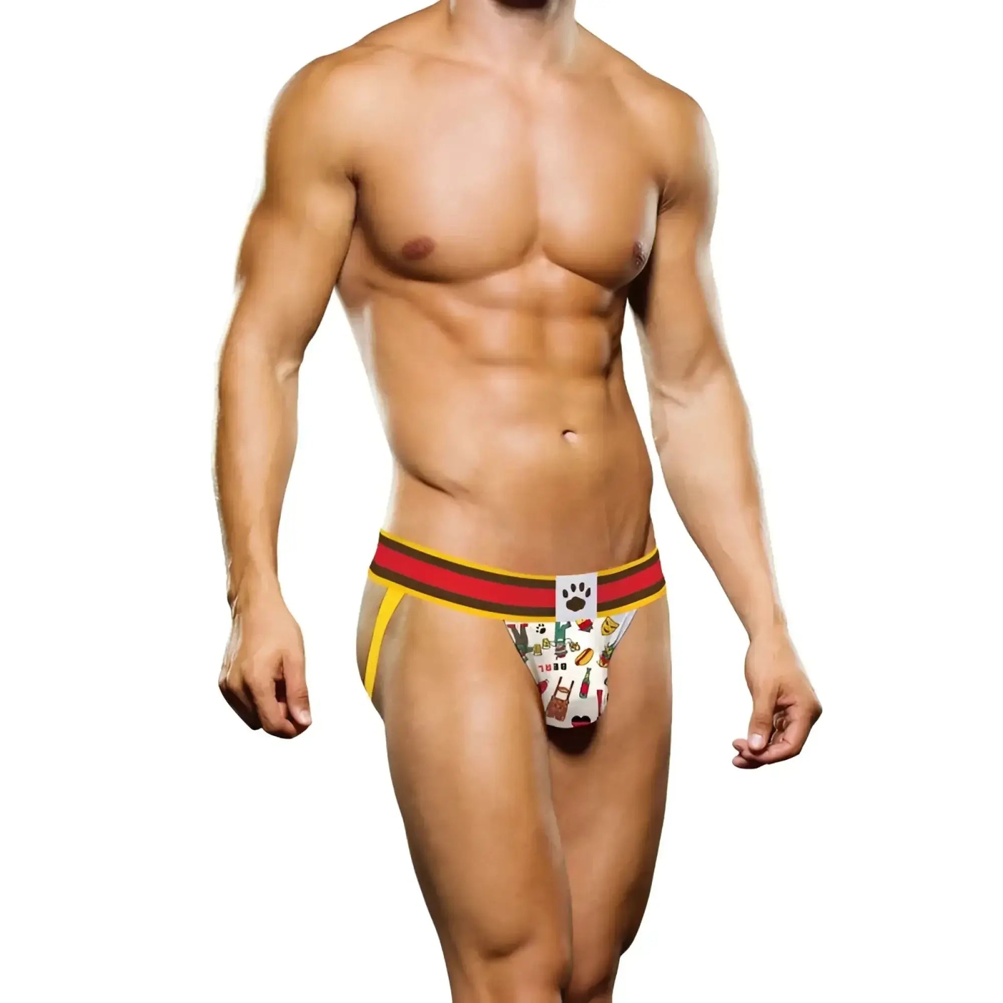 White briefs with colorful food and drink icons red and yellow striped waistband and black paw print detail by prowler berlin