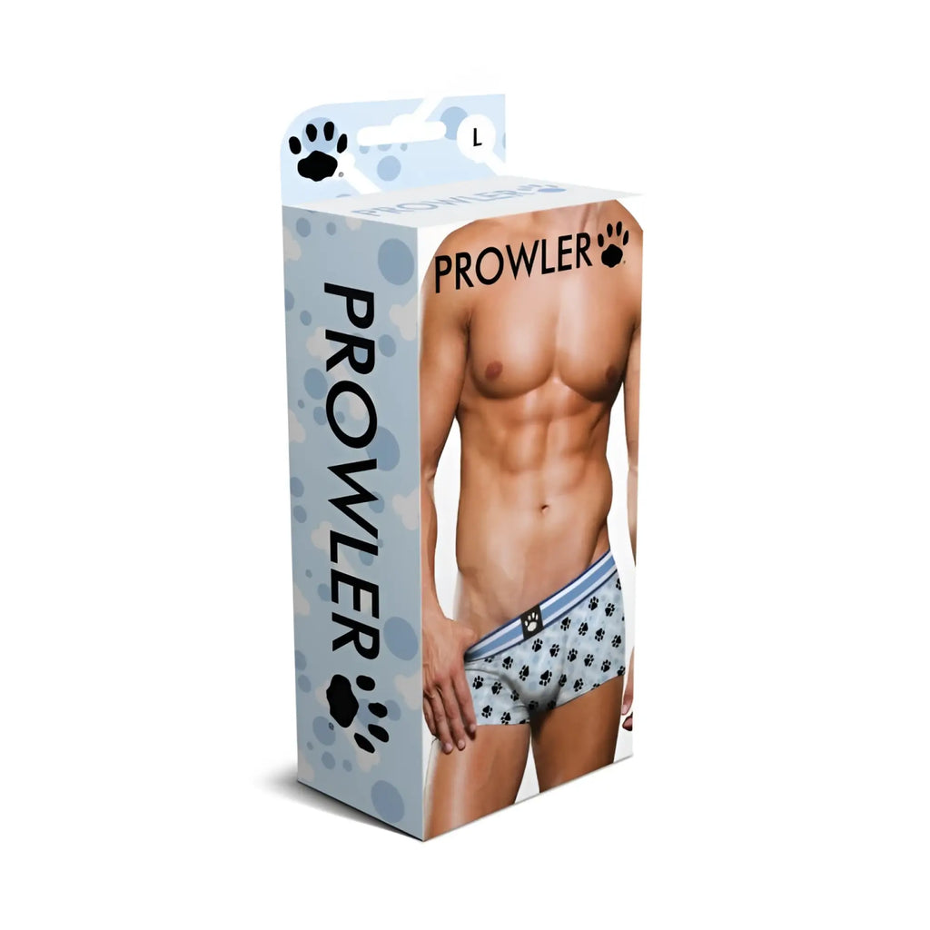Prowler men’s light blue boxer briefs with black paw print pattern in a breathable soft fabric for everyday comfort
