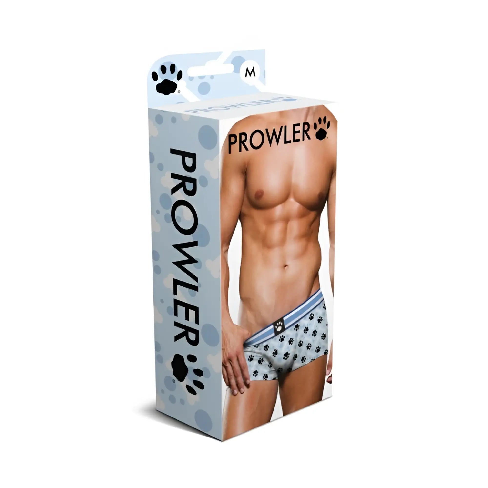 Prowler men’s light blue underwear with black paw print pattern and white trim in jock style front view