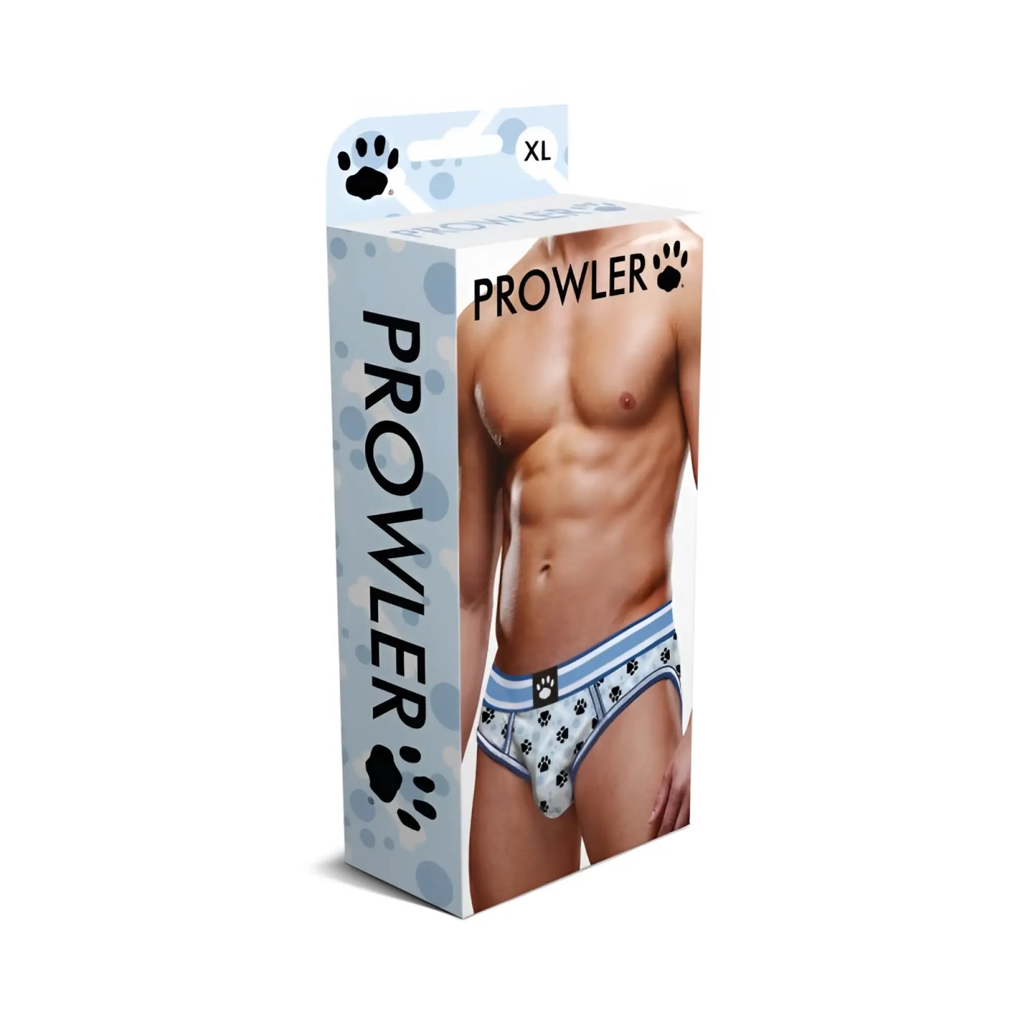Prowler blue paw open back brief xl men’s underwear in white with blue trim and black paw print pattern back view