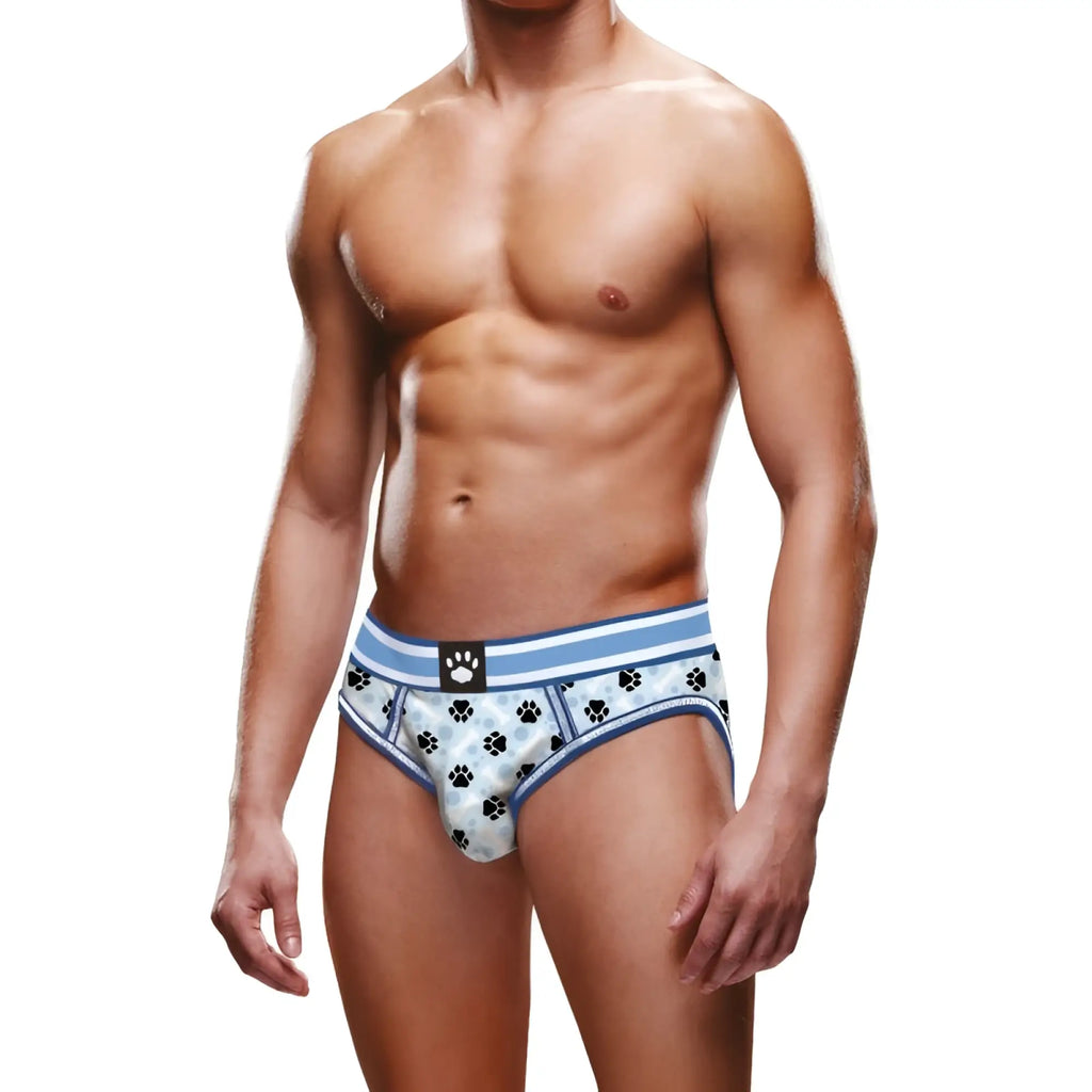 Prowler prowler blue paw open back brief xl white briefs with black paw print pattern blue trim and black logo waistband