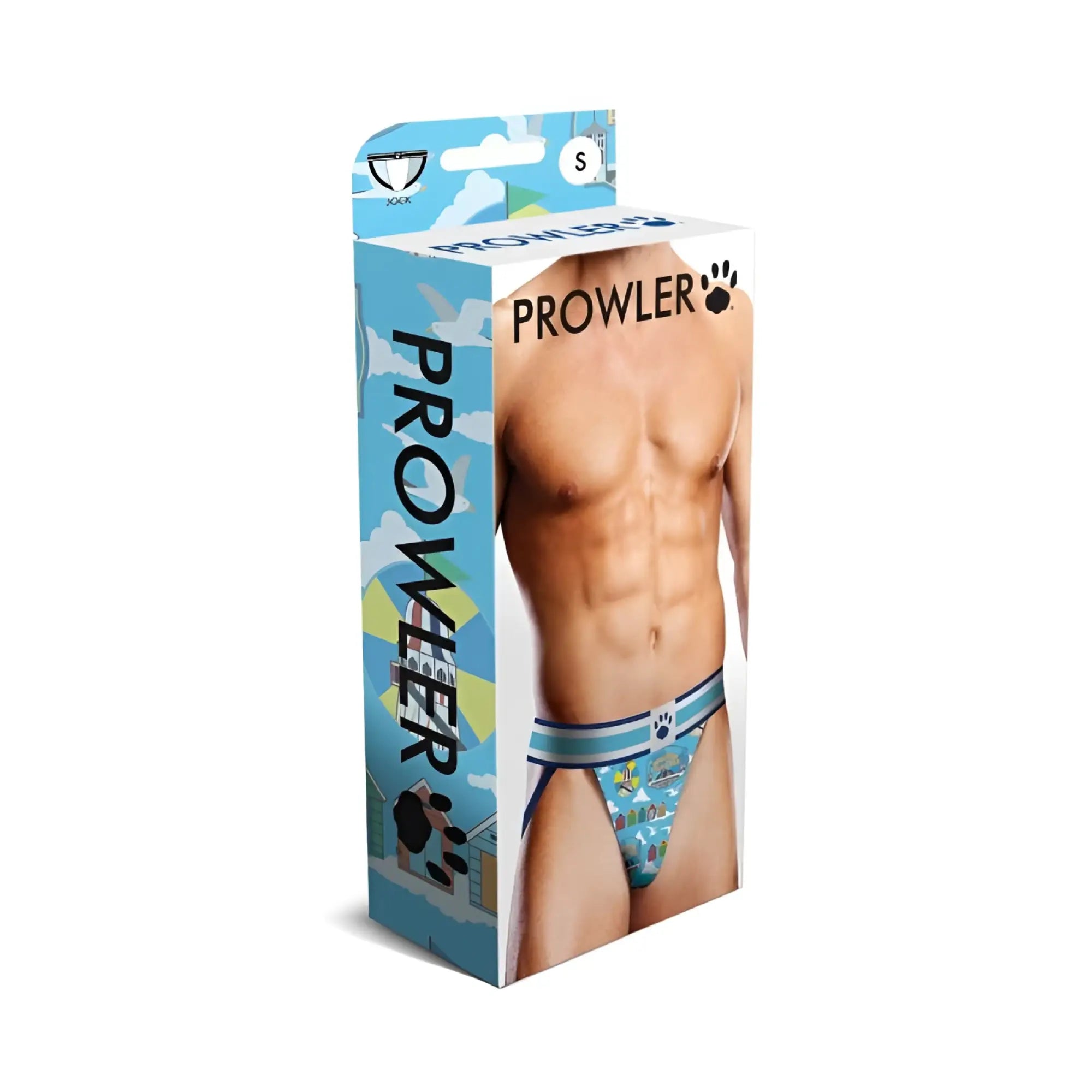 Blue patterned prowler brand briefs with light blue and white striped waistband from prowler brighton jock m collection