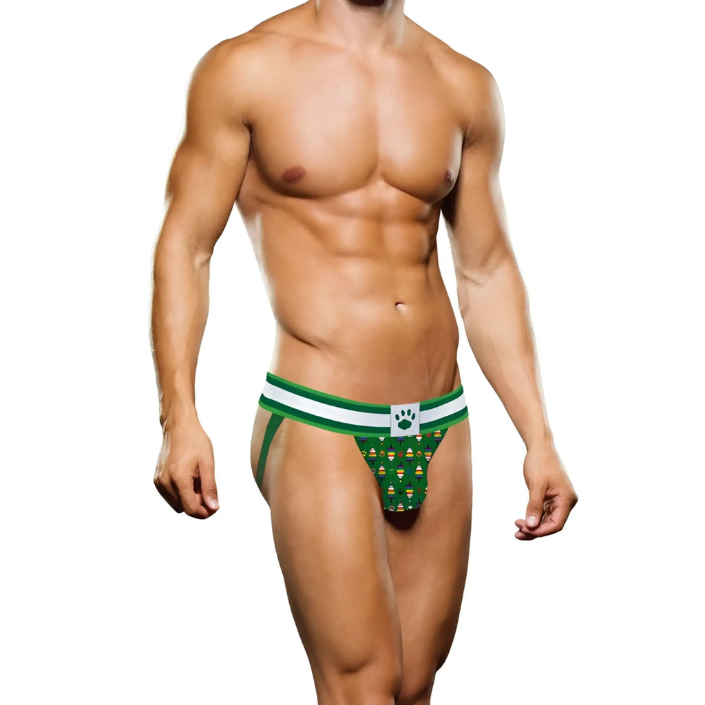 Green and white patterned jockstrap with paw print logo on waistband from prowler prowler christmas tree jock l collection