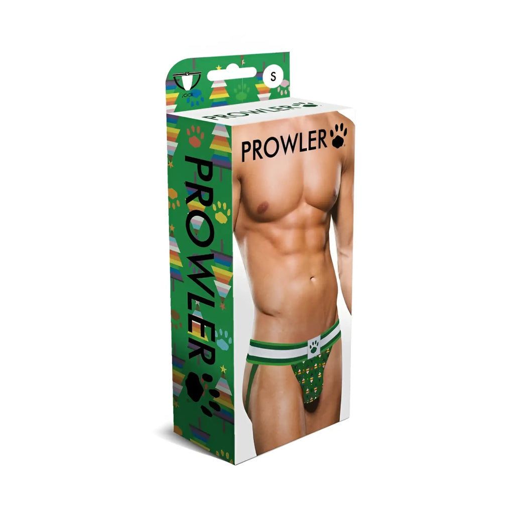 Green and white patterned men’s briefs with paw print design branded as prowler from prowler christmas tree jock s collection