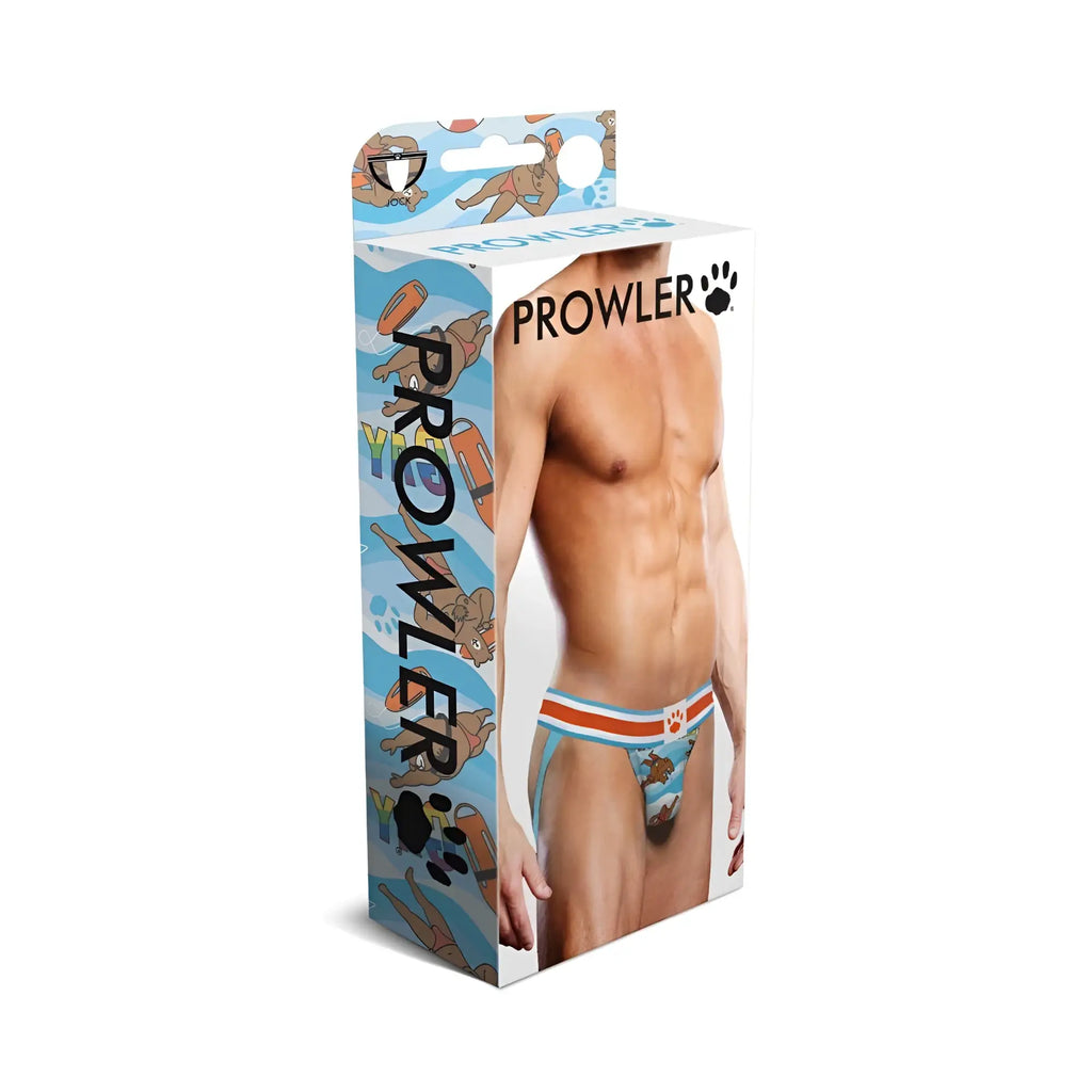 Prowler gaywatch bears jock swim trunks in blue orange and white with cartoon dogs pattern for men