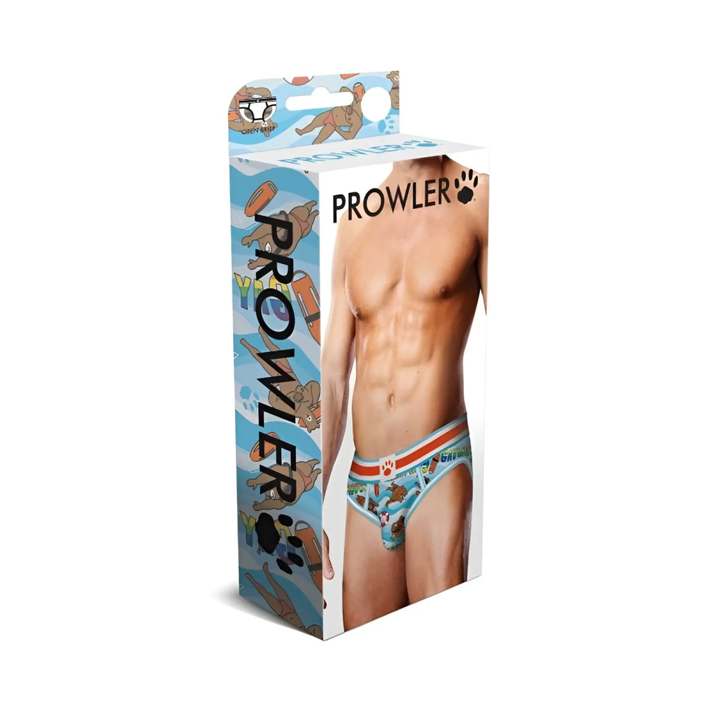 Light blue prower gaywatch bears men’s open back briefs with orange white trim and playful cartoon dog pattern