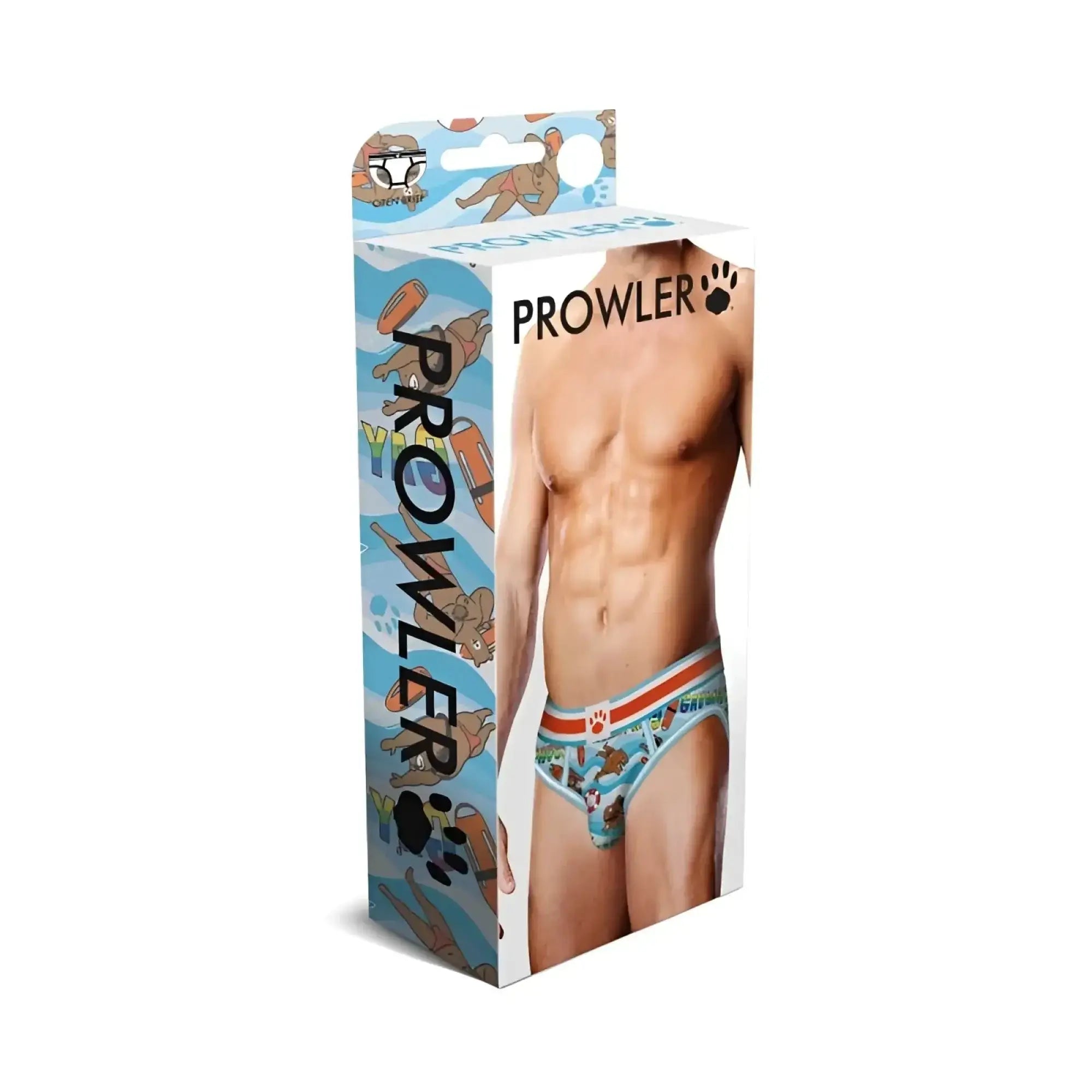 Light blue prower gaywatch bears men’s open back briefs with orange white trim and playful cartoon dog pattern
