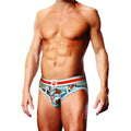 Light blue prowler gaywatch bears open back brief with playful bear lifebuoy cartoon design and colorful gayw lettering