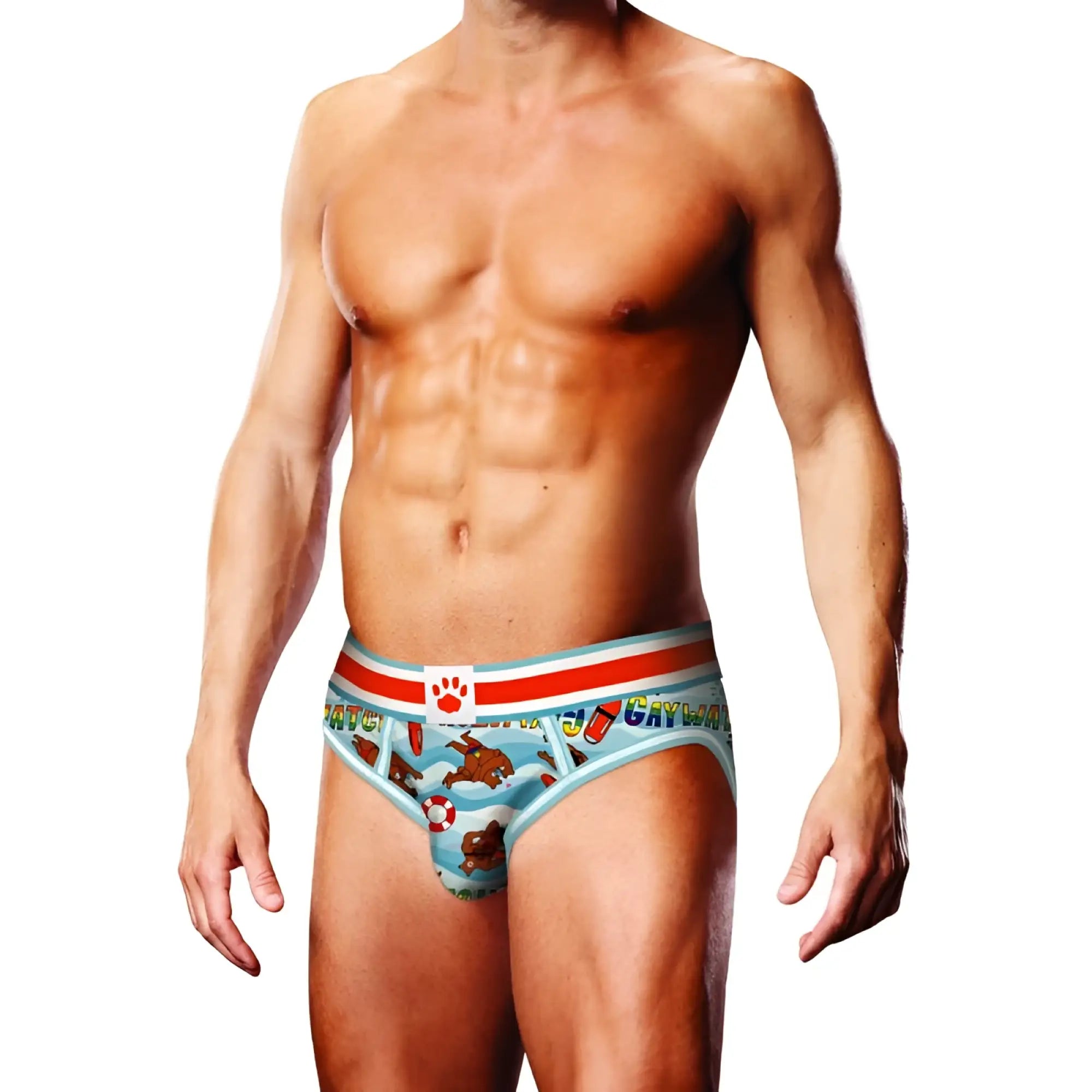 Light blue prowler prowler gaywatch bears open back brief with playful bear lifebuoy cartoon and colorful gayw letters
