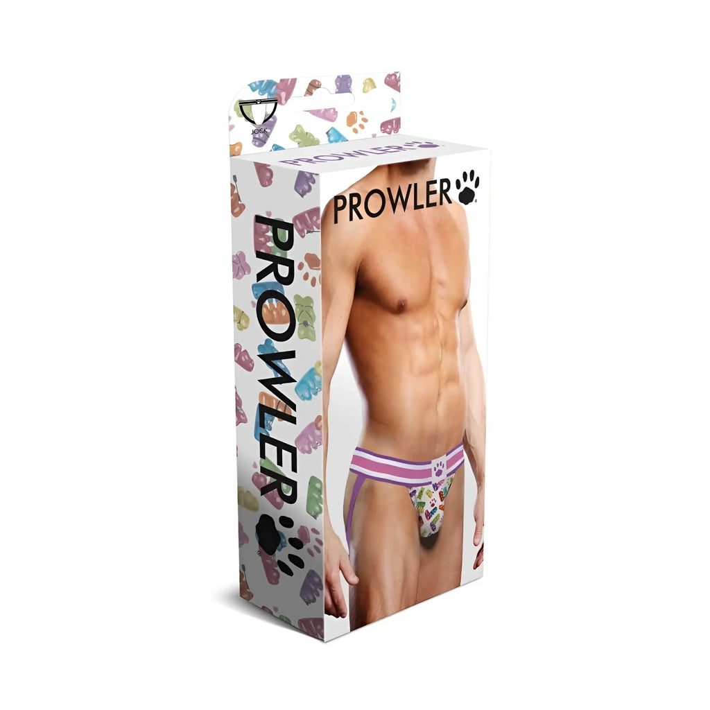 Prowler gummy bears jock underwear featuring colorful gummy bear and paw print patterns with purple white waistband