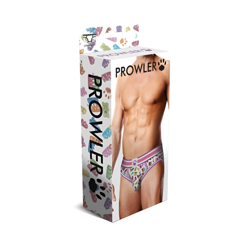 Prowler gummy bears open back brief men’s underwear with colorful gummy bear and paw print pattern on white with pink trim