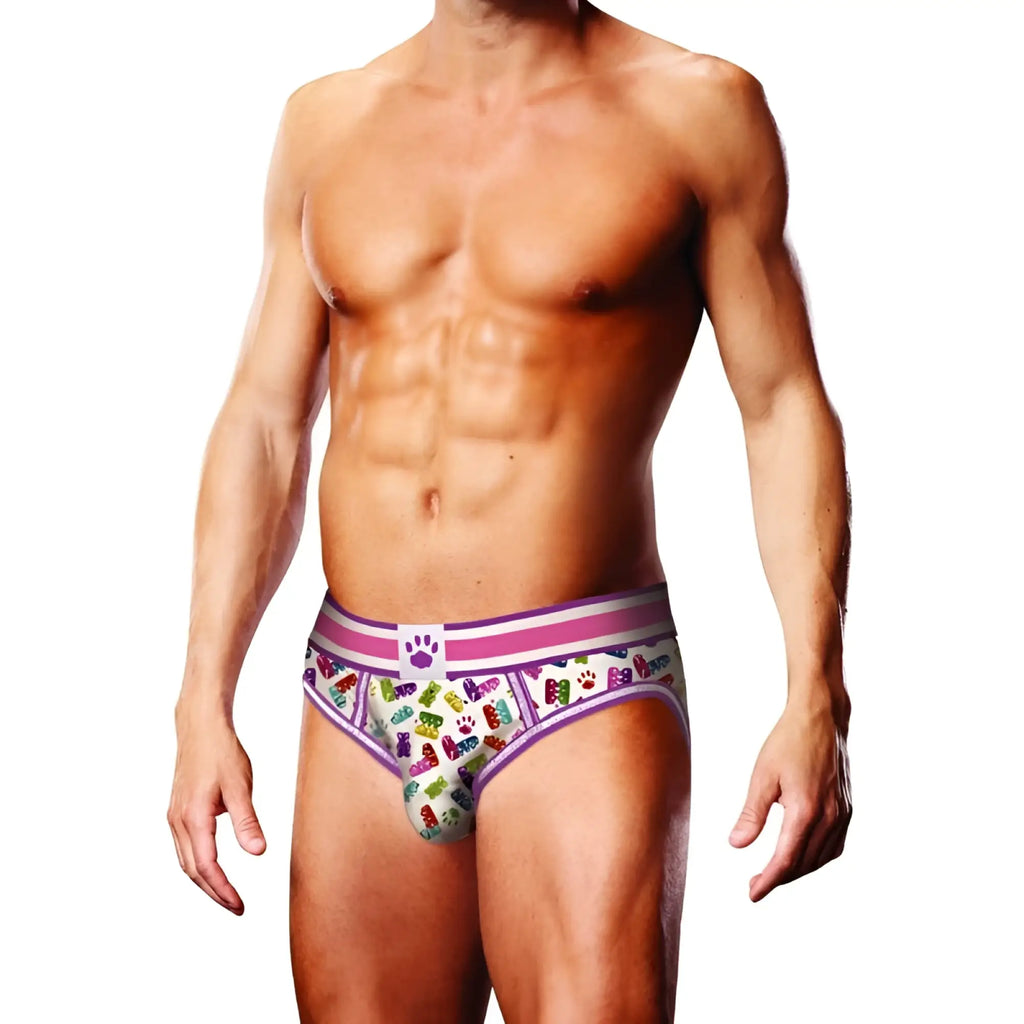 Purple and white striped men’s briefs with colorful gummy bears and paw prints in a playful open back design