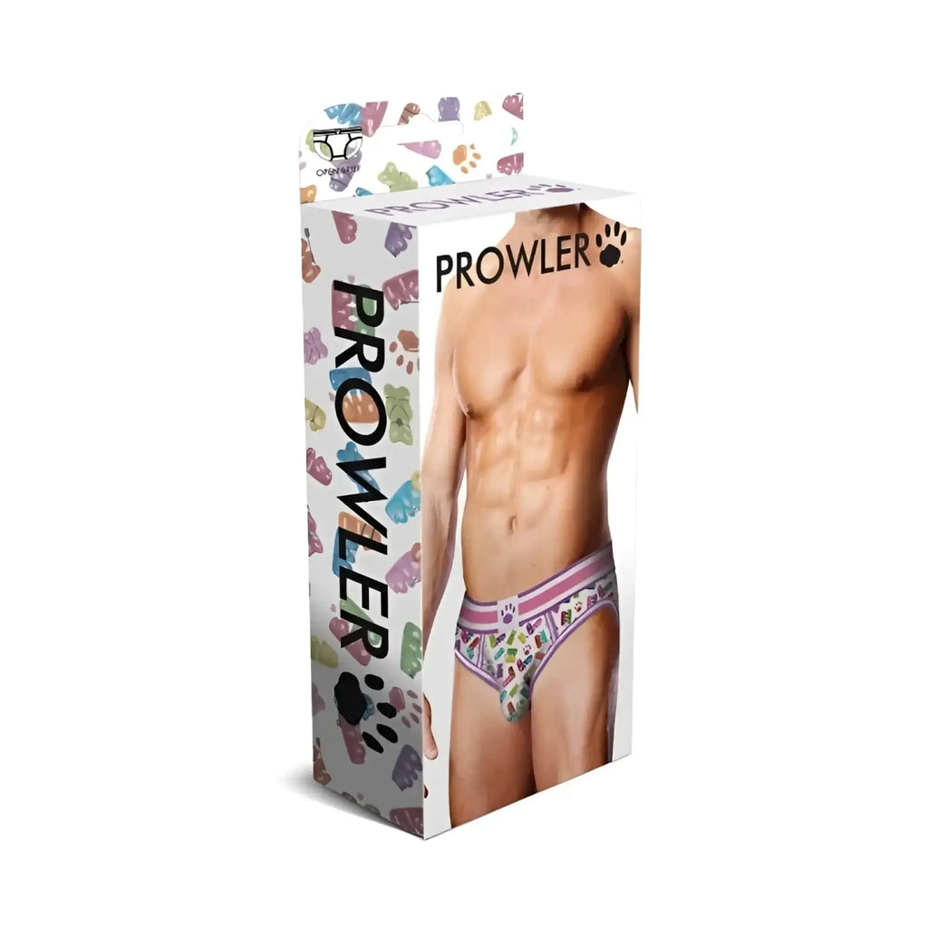 Prowler gummy bears open back brief in white with colorful gummy bear and paw prints and pink trim for men