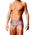 Purple and white striped men’s briefs with colorful gummy bears and paw prints in an open back design