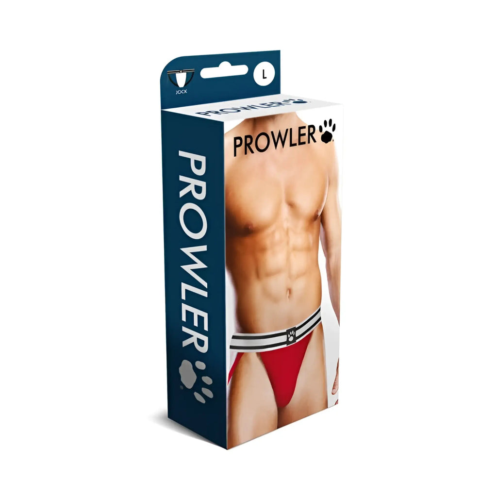 Red prowler briefs with a white and black striped waistband designed for support and comfort active use