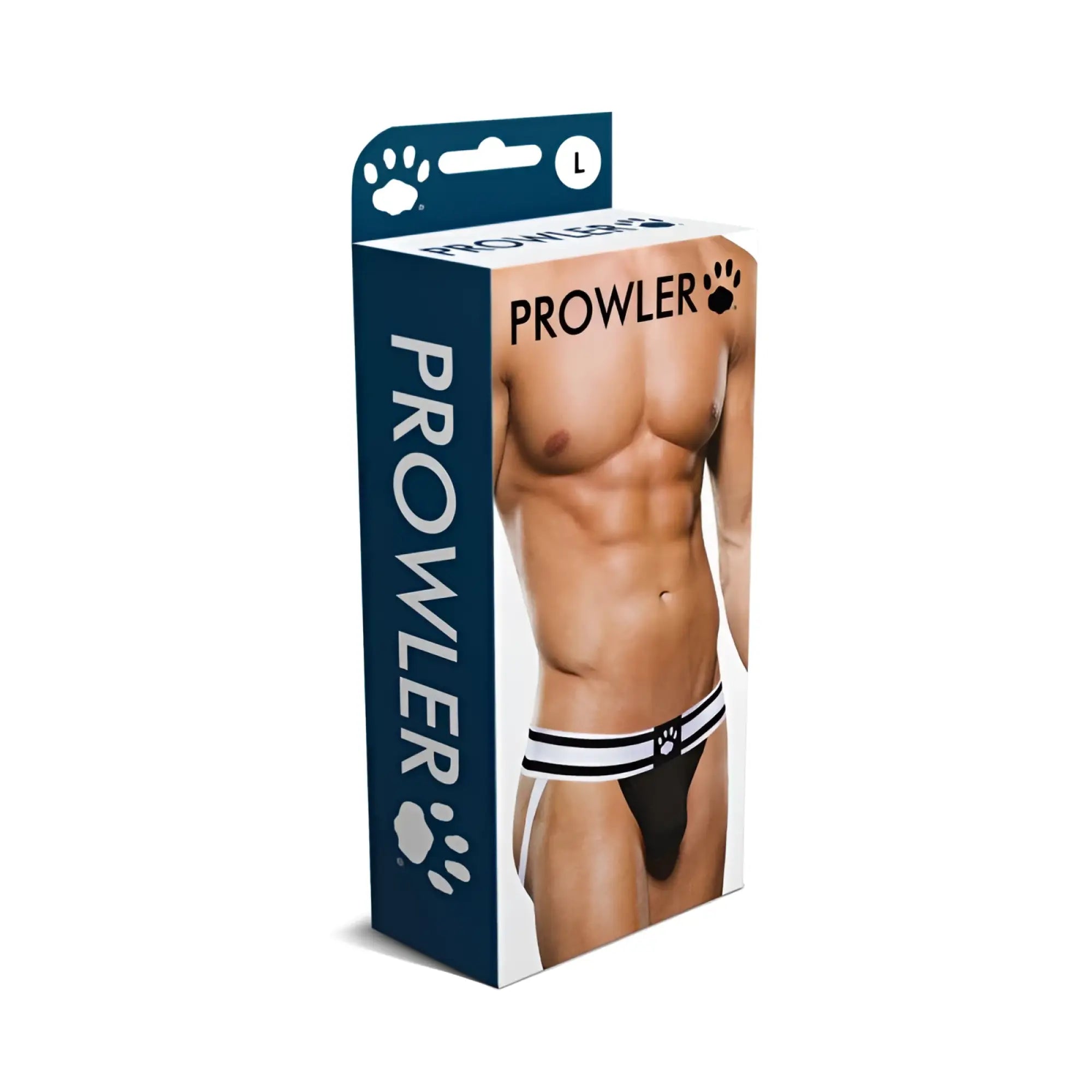 Black and white striped prowler brand briefs with paw print waistband detail in white black xl size front view