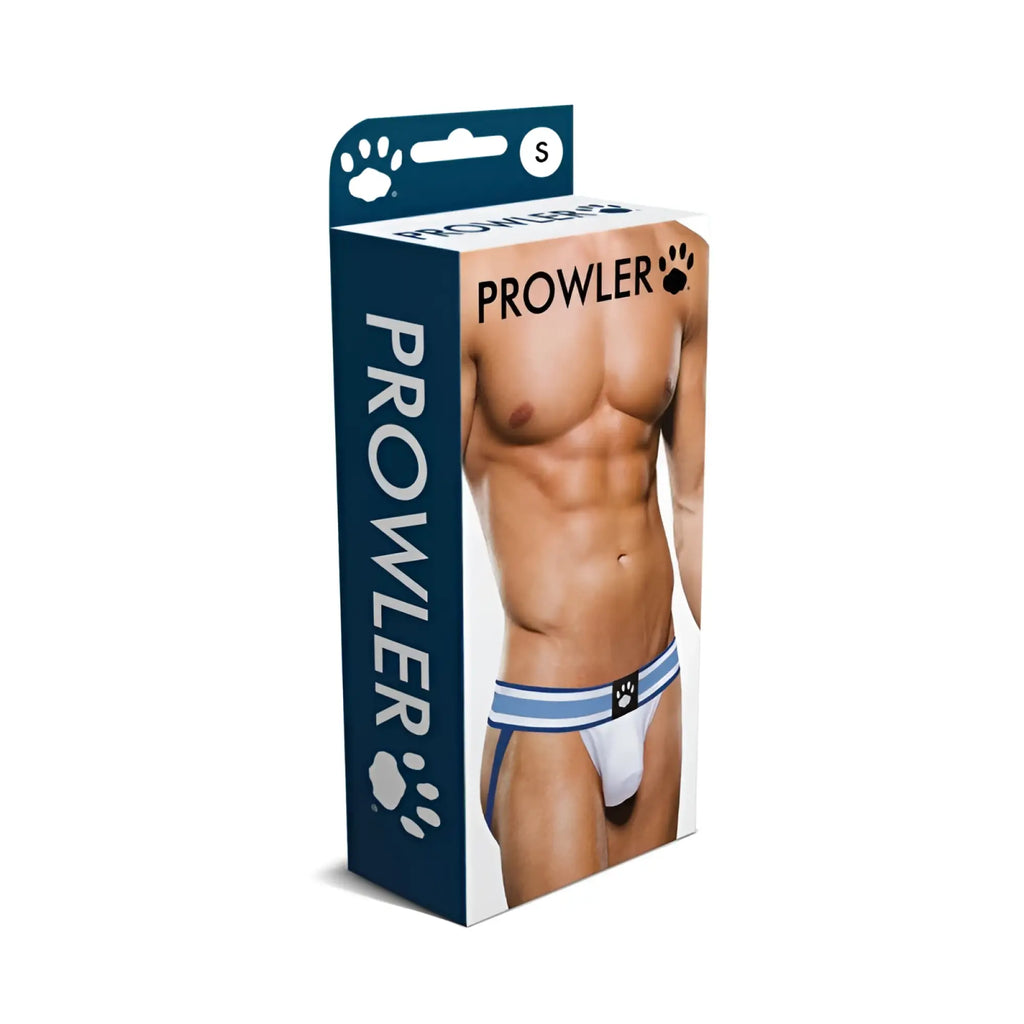 Prowler brand men’s white and blue striped briefs in small size displayed on product packaging