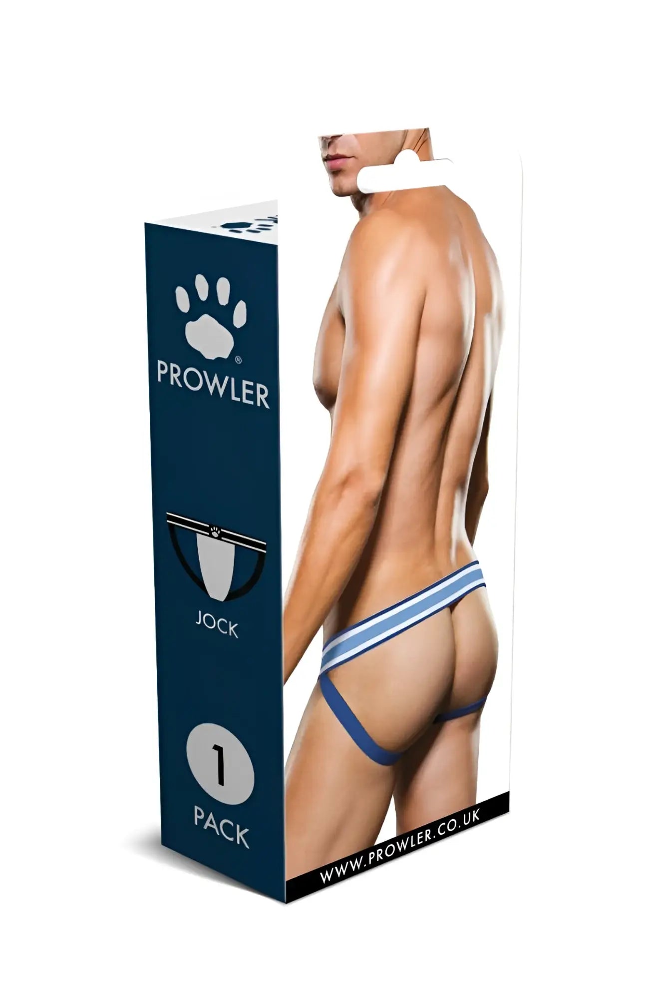 Blue and white striped jock strap in prowler brand packaging designed for comfort and support in size xl