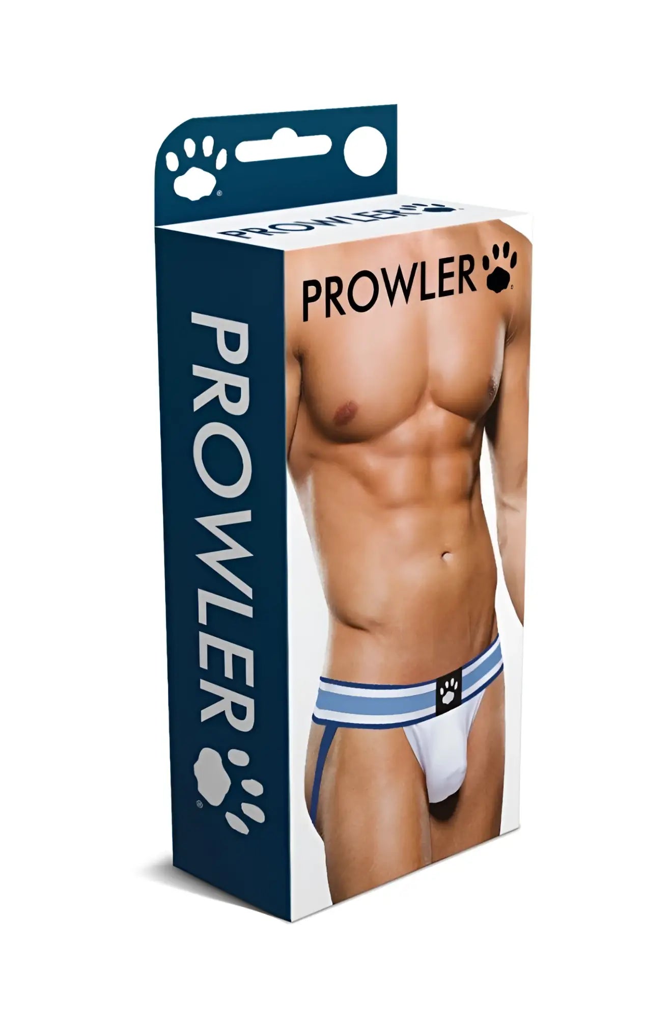 White and blue striped Prowler brand briefs with a black paw print logo on the waistband in XL size