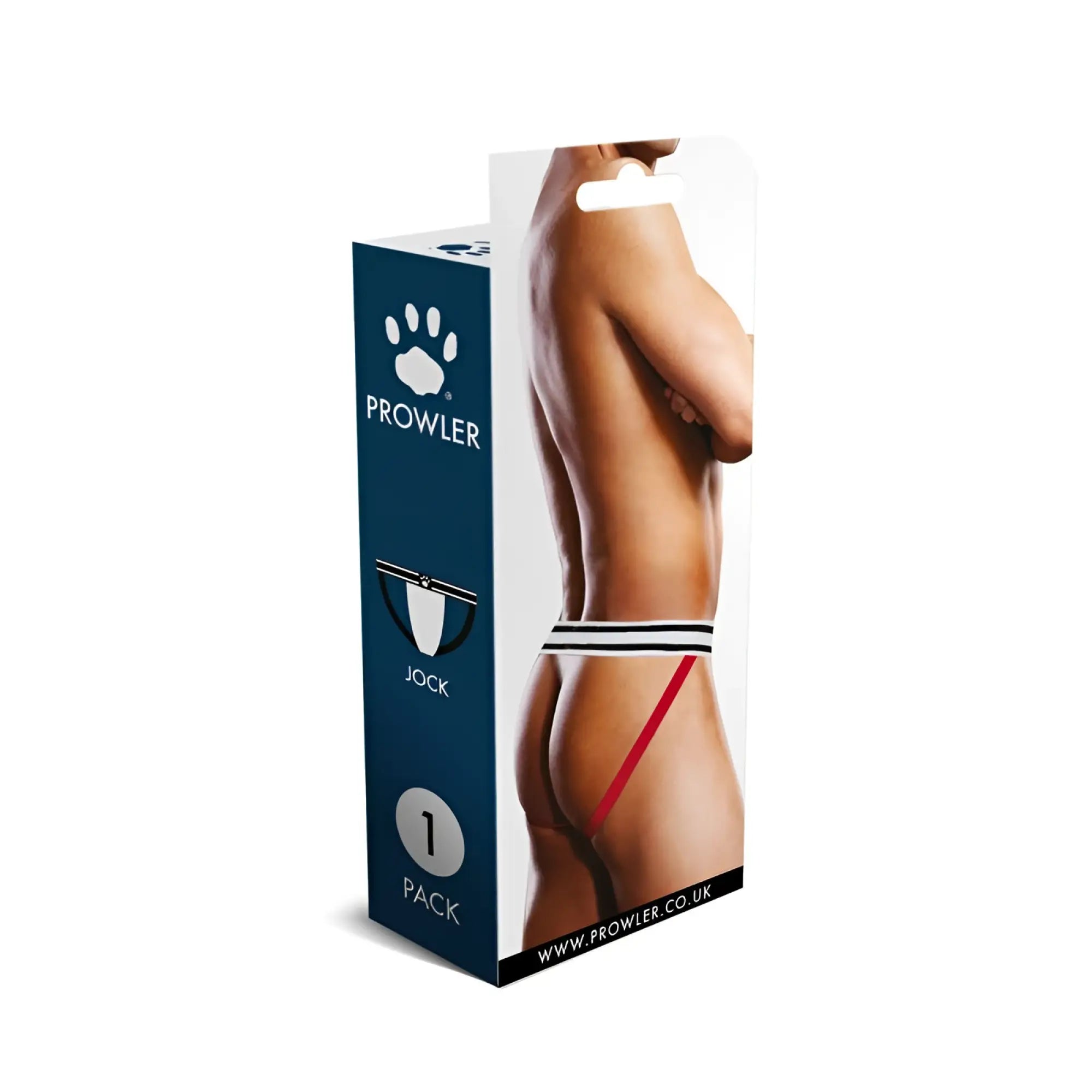 Prowler jock strap in black white and red with a diagonal red stripe for athletic support and style