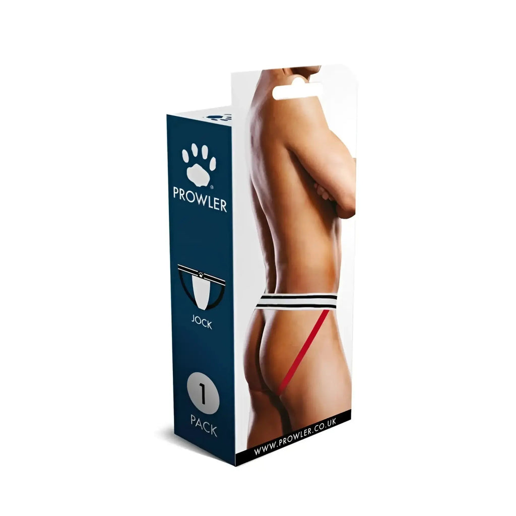 Prowler jock strap in black white and red with a diagonal red stripe for athletic support and style