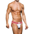 White briefs with red stripes and a paw print emblem on the waistband from prowler prowler jock white red s collection