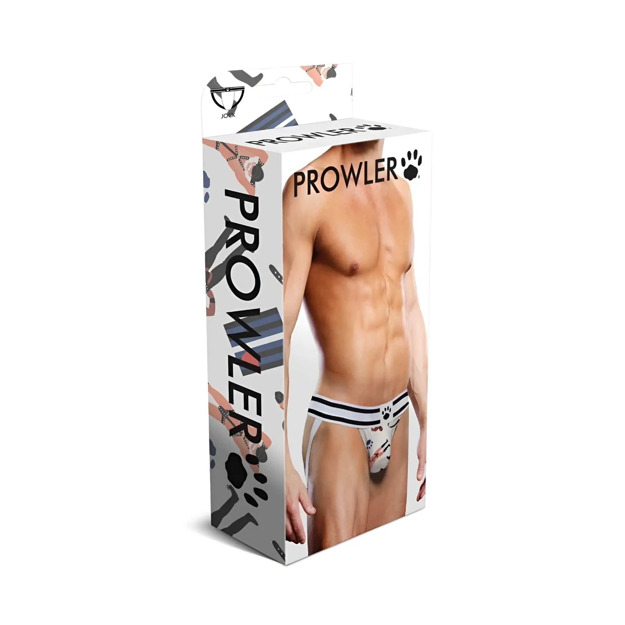 Prowler leather pride jock men’s underwear with white base black stripes and paw print design front view