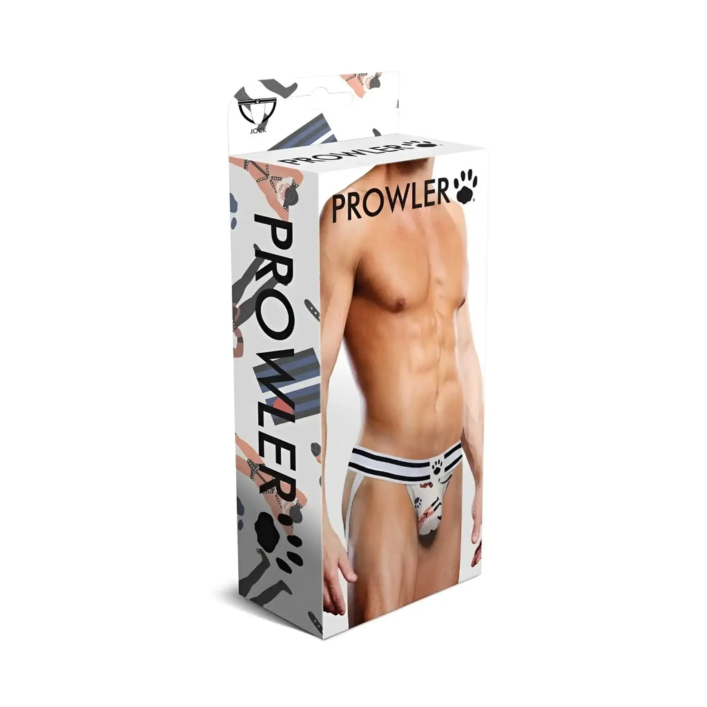Prowler leather pride jock XL men’s underwear with white base black stripes and paw print design front view