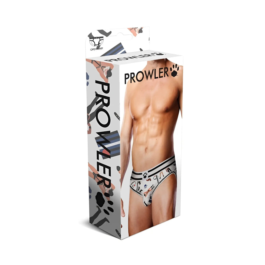Prowler leather pride men’s open brief underwear in white with black paw print pattern size medium