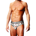 White briefs with black stripes and colorful dog-themed paw prints and silhouettes in prowler leather pride open brief s design