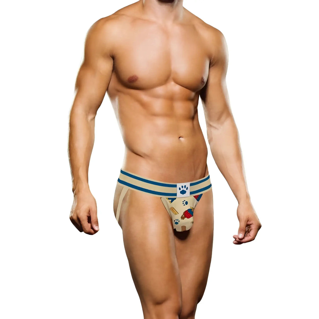 Beige prowler prowler lumberbear jock m athletic briefs with blue stripes and playful dog-themed pattern front view