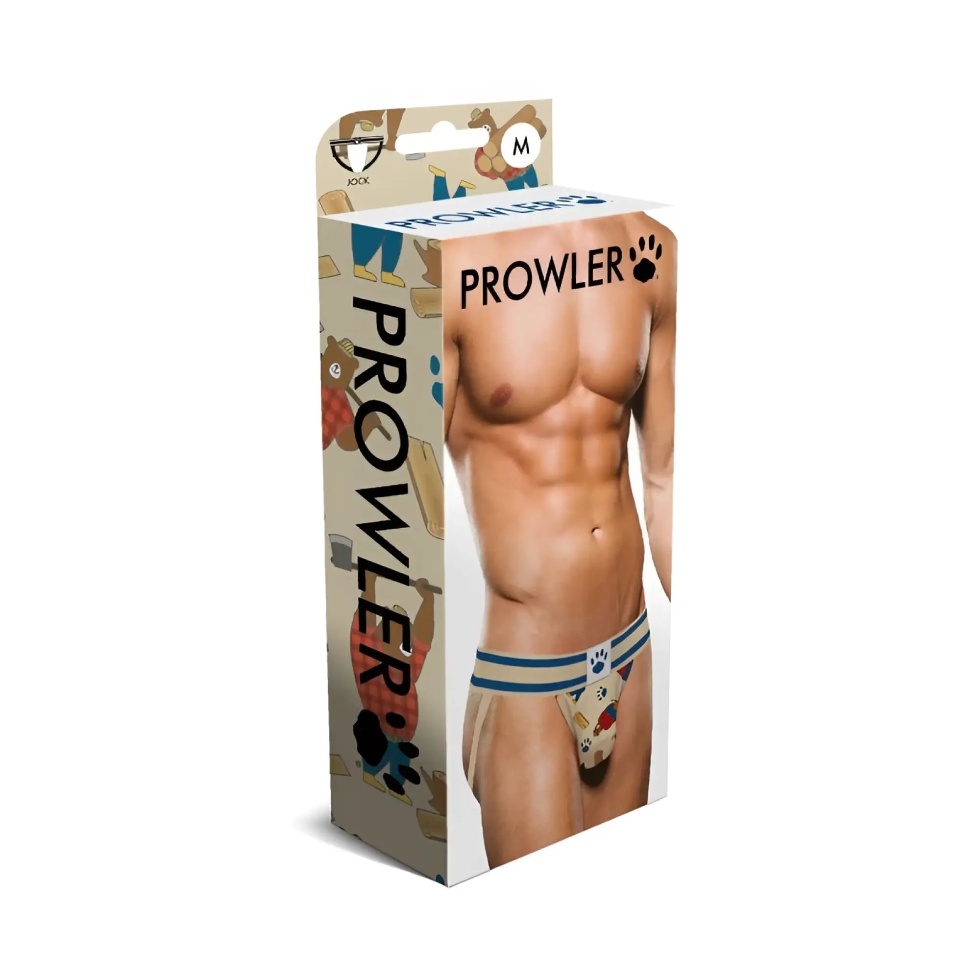 Prowler lumberbear jock m men’s underwear with blue and white striped waistband and playful paw print pattern