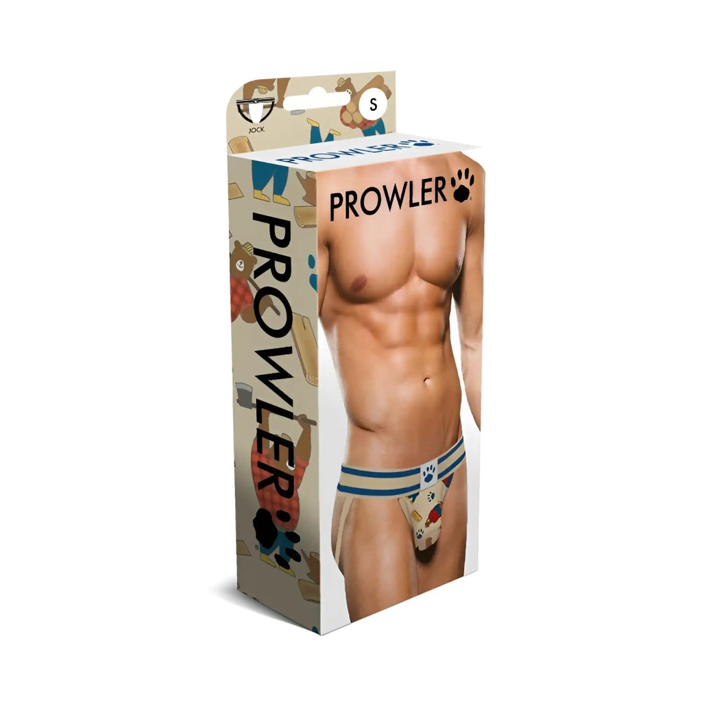 Beige prowner lumberbear jock s men’s underwear with blue stripes and playful paw print pattern