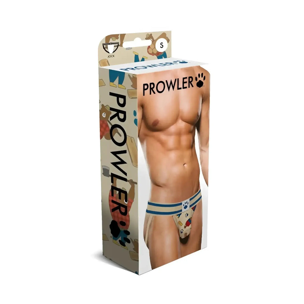 Beige prowner lumberbear jock s men’s underwear with blue stripes and playful paw print pattern