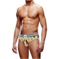 Beige men’s prowler prowler lumberbear open back briefs with cartoon dogs paw prints and blue waistband stripes