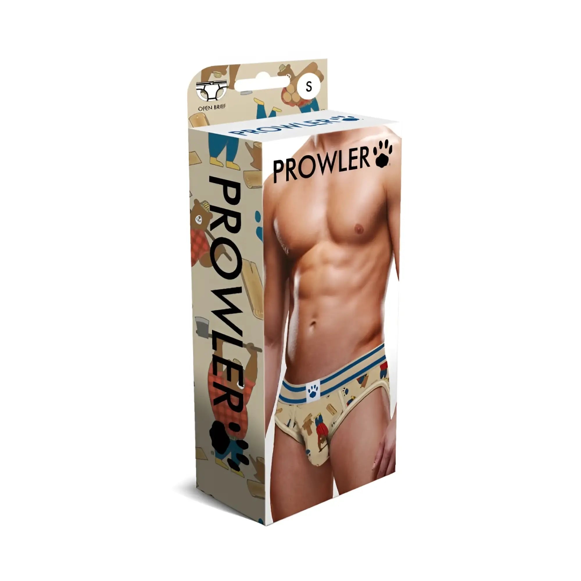 Beige prowler lumberbear men open back brief with blue and brown cartoon animal print design