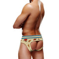 Beige men’s prowler prowler lumberbear open back briefs xl with blue stripes and playful lumberjack pattern on back