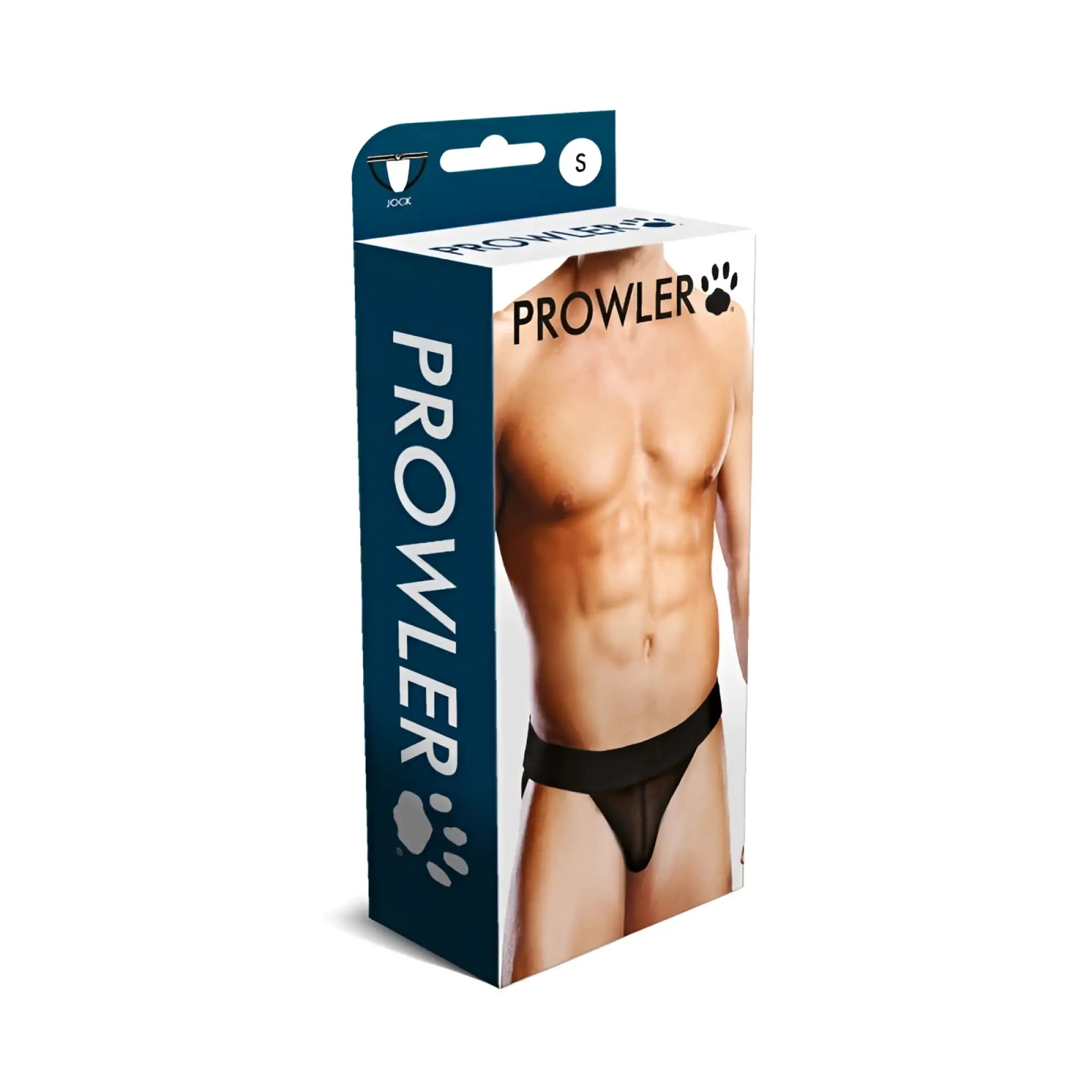 Black prowler brand men’s mesh briefs in retail box showcasing the prower mesh jock black size small packaging
