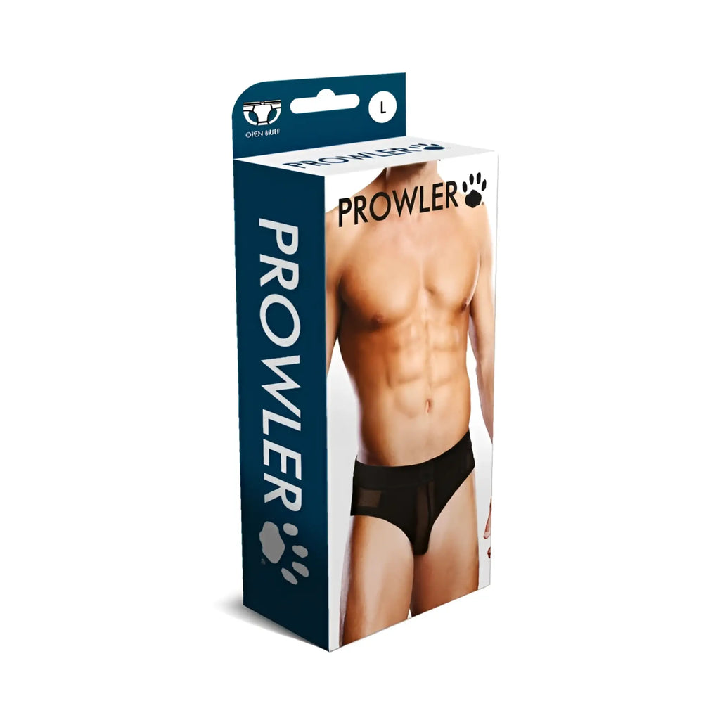 Black prowler mesh open back briefs in retail package showing front with key features and packaging details visible